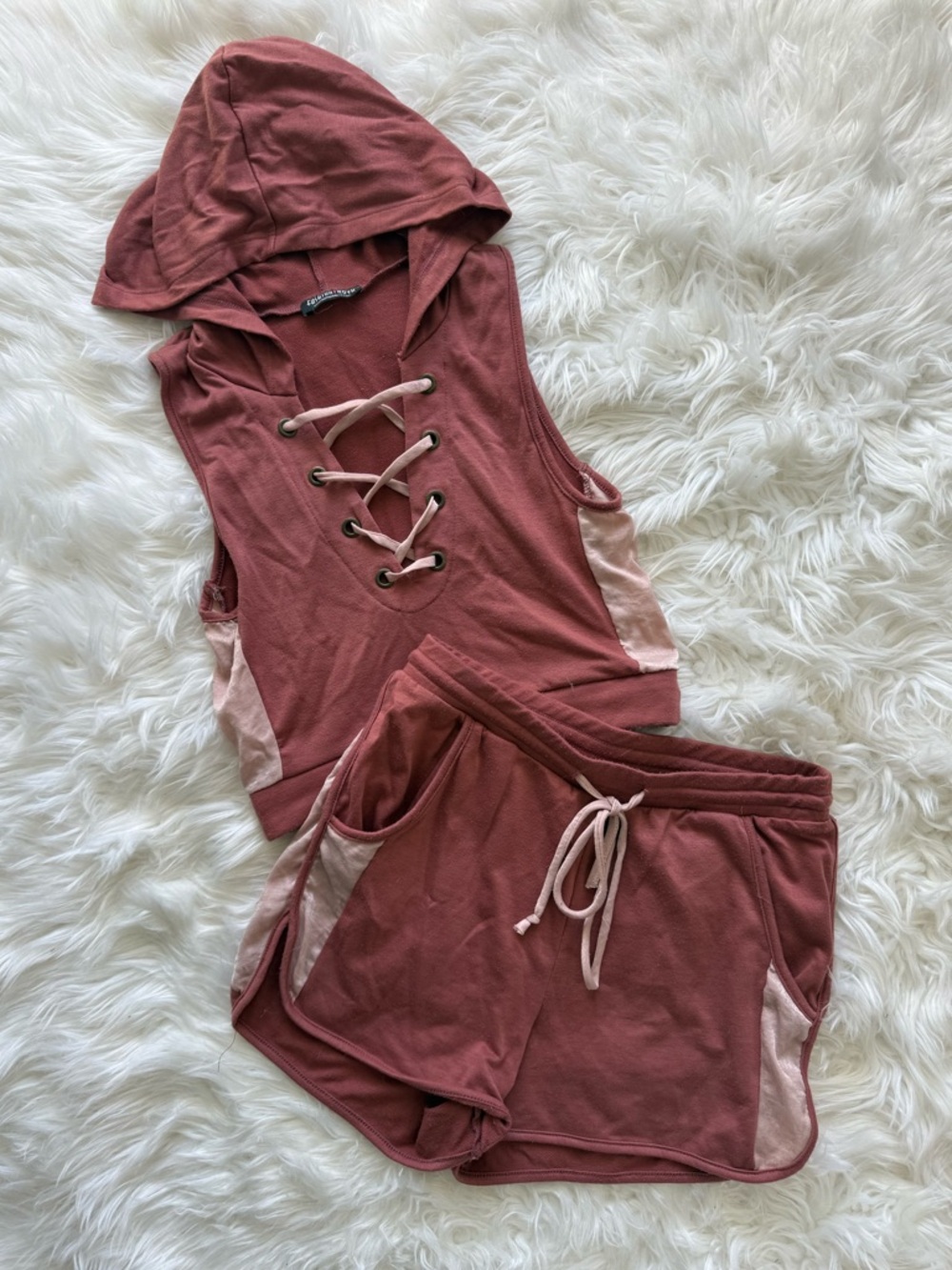 Sleeveless Lace-Up Hoodie & Drawstring Shorts Set - Dusty Rose with Blush Panels